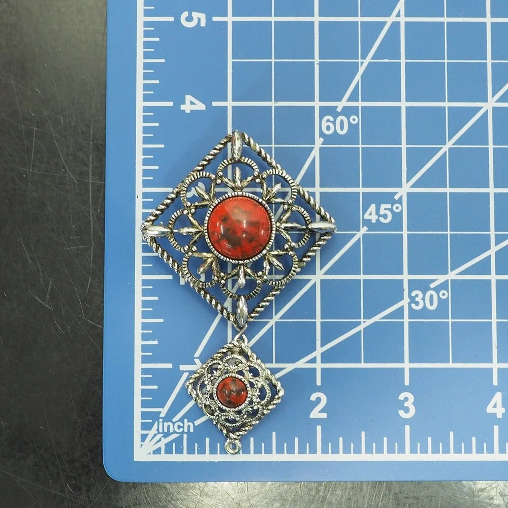 VTG Sarah Coventry Brooch Pendant Inca Fire Red Silver Tone Filigree Heirlooms
